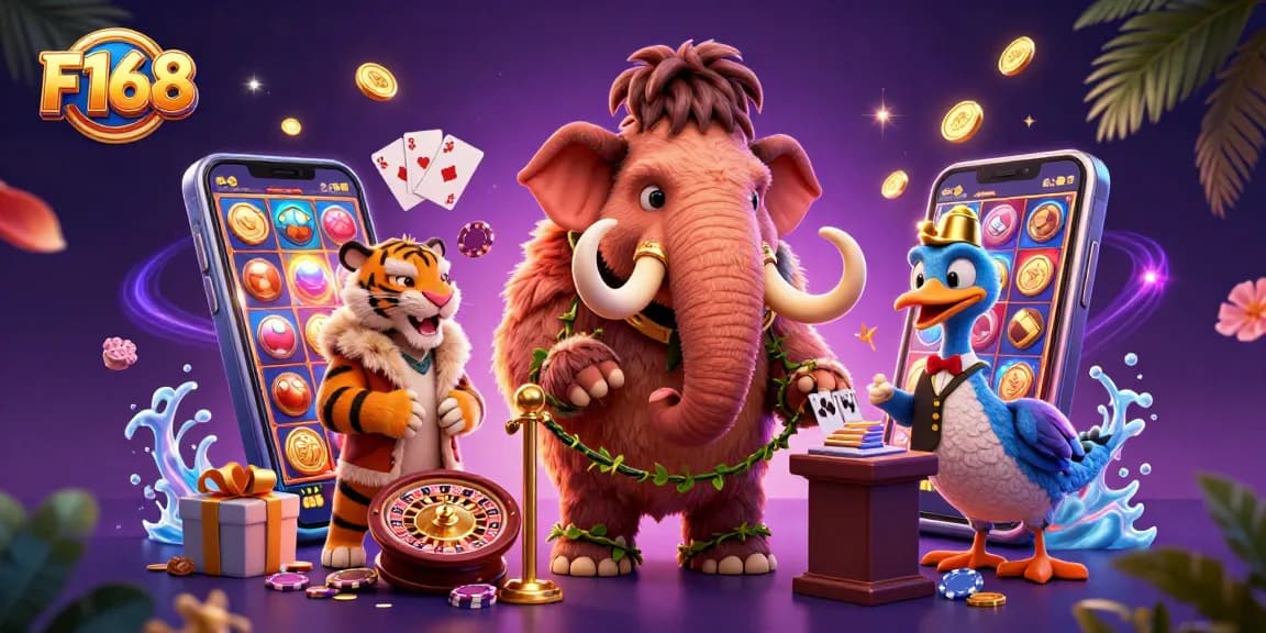 Experience F168's vibrant gaming scene with a woolly mammoth bouncer and a saber-tooth tiger VIP.