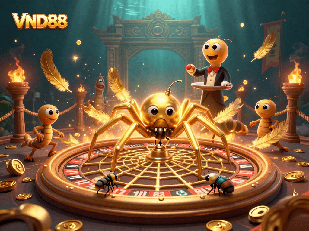 VND88 promotion showcasing a golden spider roulette decor with animated betting action.