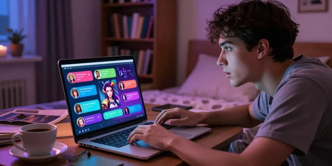 User enjoying an interactive porn ai chat in a cozy bedroom setting with vibrant character avatars on-screen.
