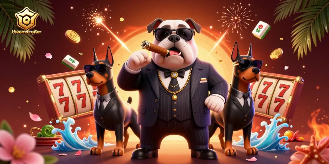 Theeirecruiter highlights a vibrant casino scene with a cigar-chomping bulldog boss, dynamic slot elements, and atmospheric lighting.