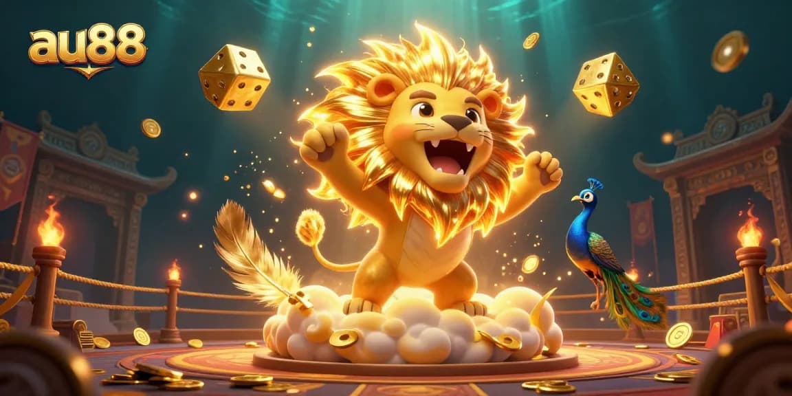 Experience the excitement of au88 with golden dice and a roaring lion at a vibrant gaming arena.
