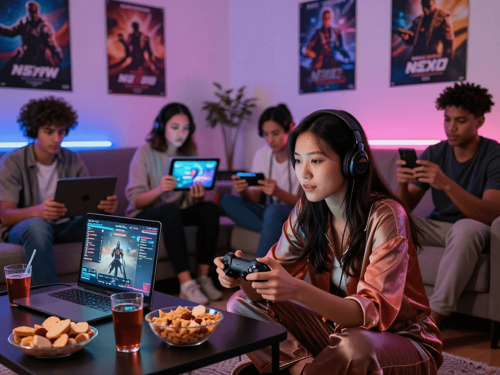 Engaged gamers exploring degrees of lewdity in a cozy living room, showcasing devices and vibrant atmosphere.