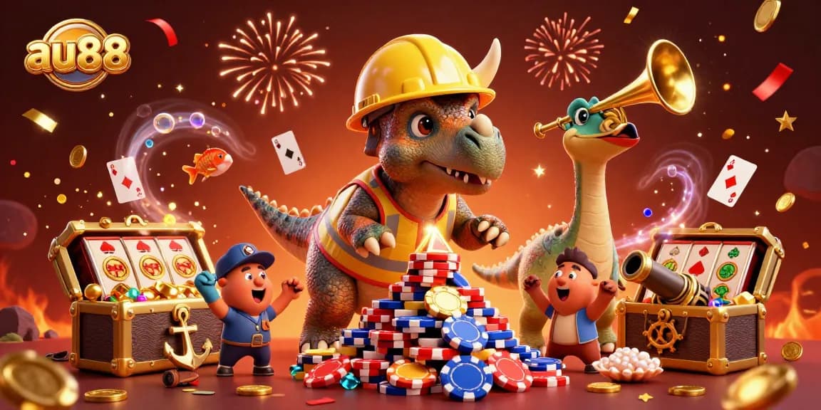 Win big with au88 as a triceratops builds poker chip towers in a vibrant casino scene.