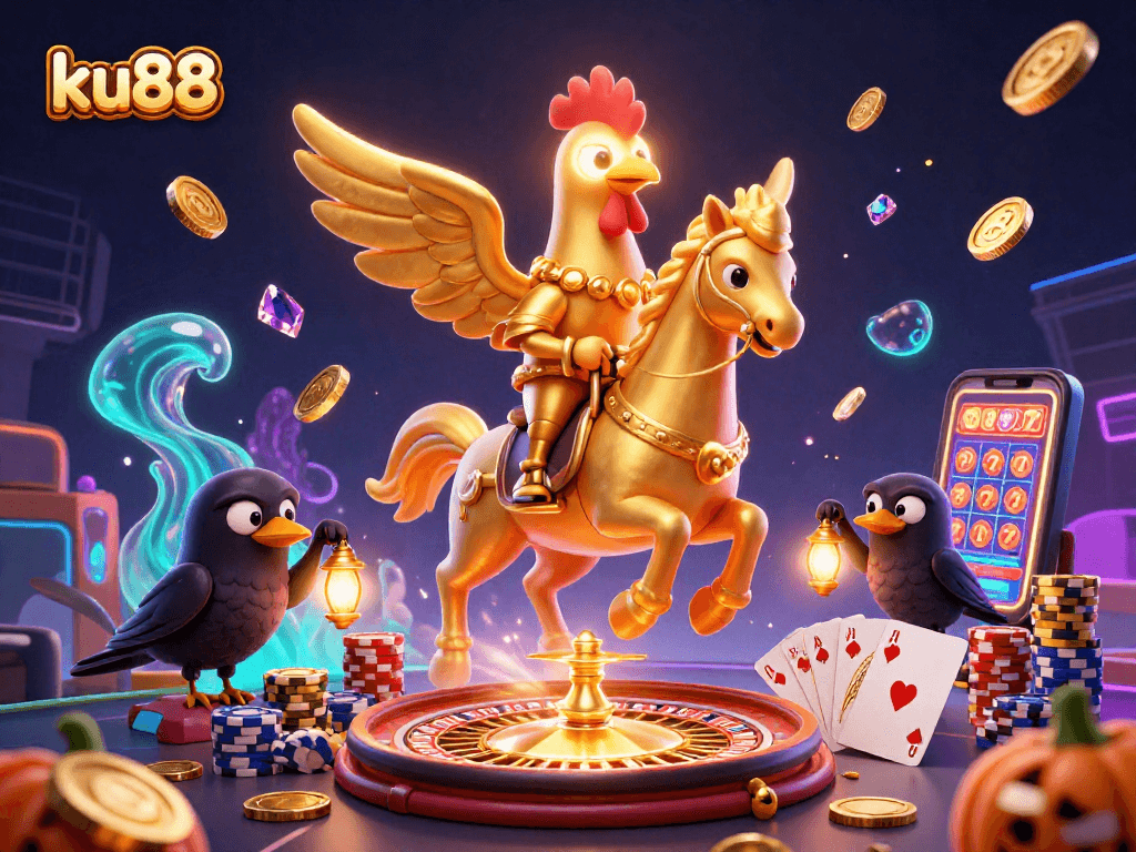 ku88 casino scene featuring a golden rooster, spectral horse, and treasures cascading throughout.