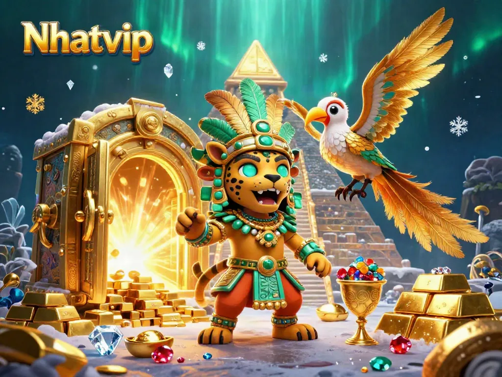 Nhatvip presents an exhilarating illustrated scene with a Mayan priest and treasure elements showcasing casino riches.