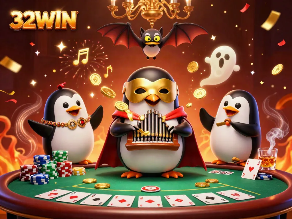 Experience exciting wins at 32WIN with this dynamic casino scene featuring golden coins, poker elements, and celebrating characters.