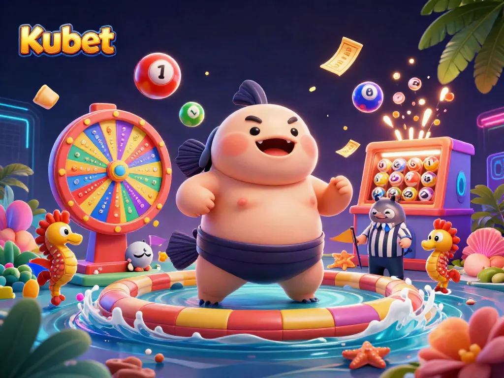 Kubet engages players with a vibrant casino scene featuring colorful lottery balls and a fugu character.
