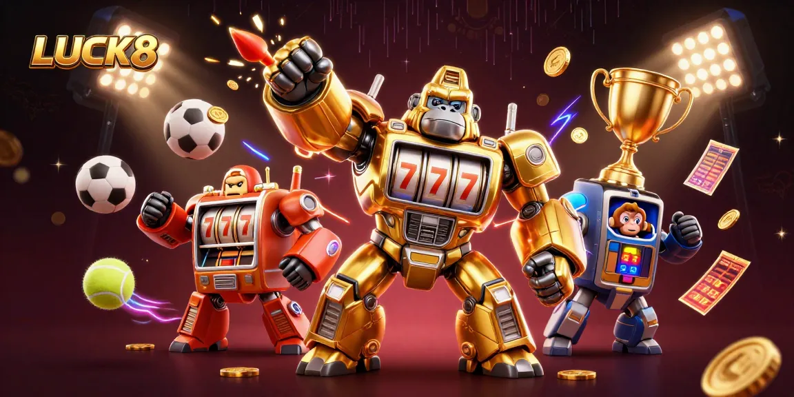 LUCK8's golden gorilla mech celebrates winning with dynamic elements and sports visuals surrounding it.