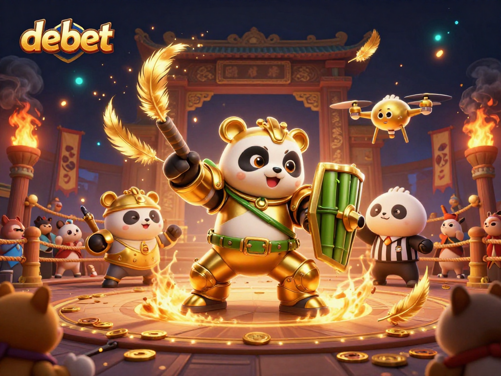 Engage with debet as a vibrant 3D illustration of a golden panda in a mech-suit battling in a casino arena.