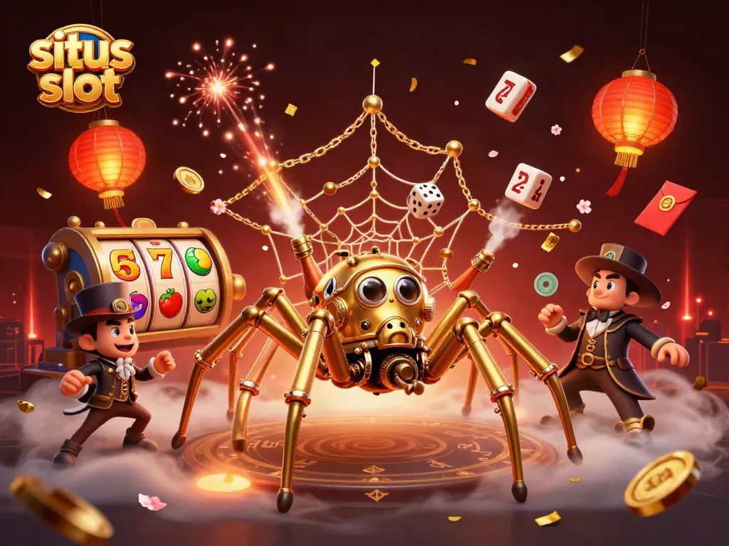 Menangkan situs slot dengan keberuntungan, simbol alat judi, dan suasana penuh warna.