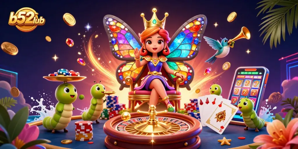 Engage in vibrant gaming action with b52club, featuring a butterfly queen amidst casino treasures.