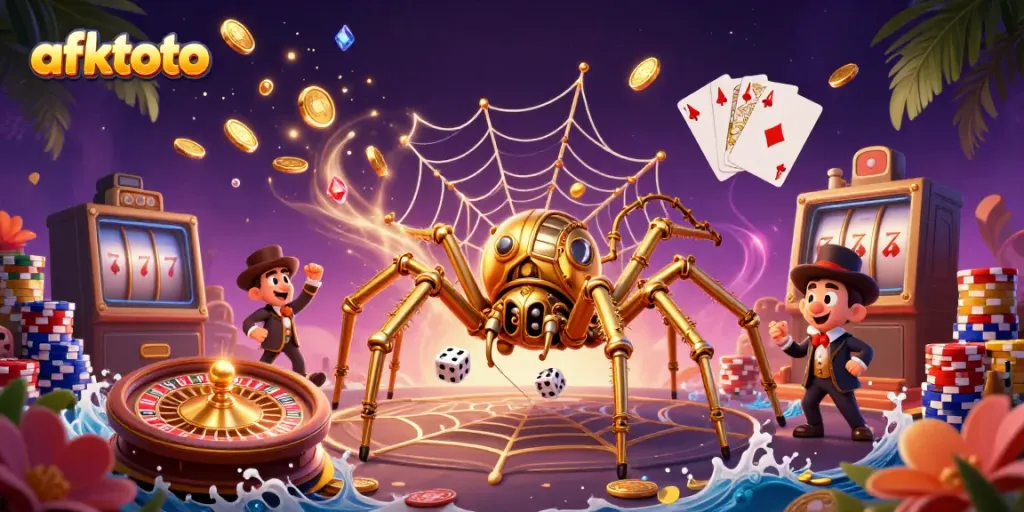 Win big with afktoto in an imaginative 3D illustration featuring a golden spider and gaming elements.