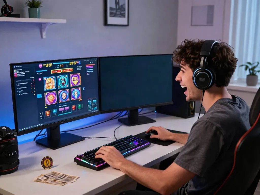Enthusiastic gamer enjoying a situs gacor experience at home, dual monitors showing vibrant game interfaces.