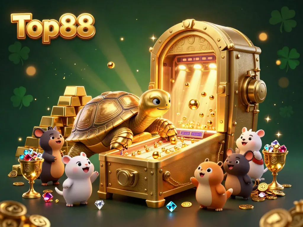 Experience thrilling gameplay at Top88 with a vibrant scene featuring a colossal tortoise pinball machine surrounded by treasures.