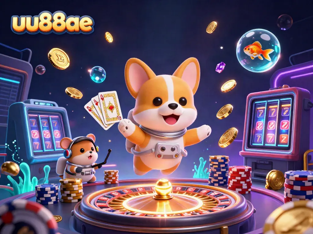 Experience thrilling gameplay with the floating corgi astronaut at uu88ae, surrounded by casino riches and vibrant elements.