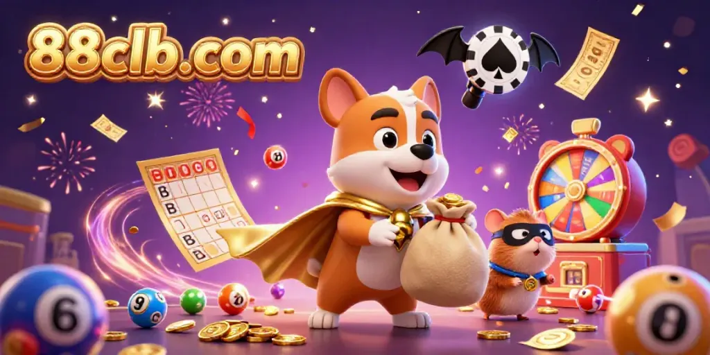 Celebrate with 88clb-com in a vibrant 3D casino scene featuring a superhero dog and colorful lottery elements.