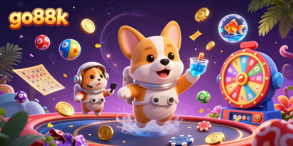 Engage in exciting gaming with go88k featuring a playful corgi and vibrant lottery action.