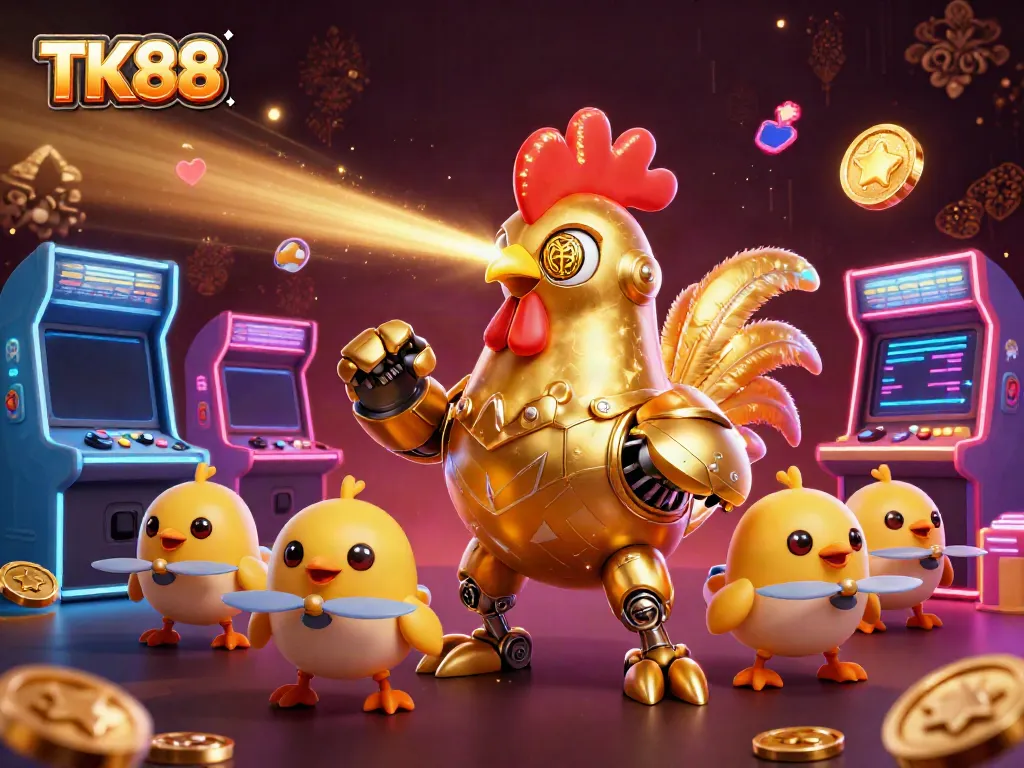 Engage in exciting gaming adventures with TK88 as a golden rooster robot and baby chick drones lead the way.