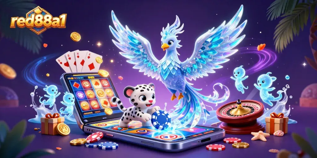 Engage in dazzling slots at red88a1 with a colorful scene featuring unique characters and gaming elements.