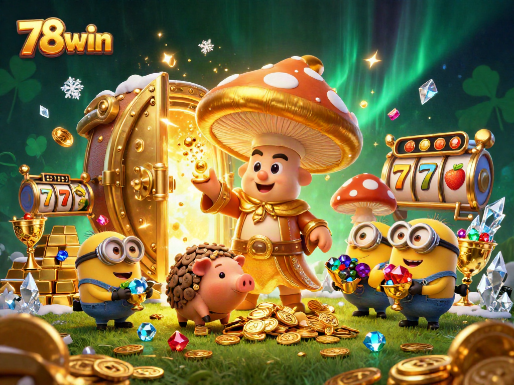 Spin to win with 78win's enchanting wizard and treasures in a vibrant casino scene.