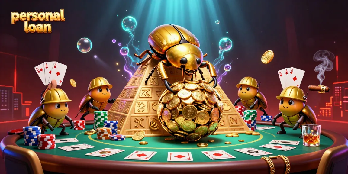 Engage with personal loan solutions while observing a dynamic casino scene filled with playful characters and gambling elements.