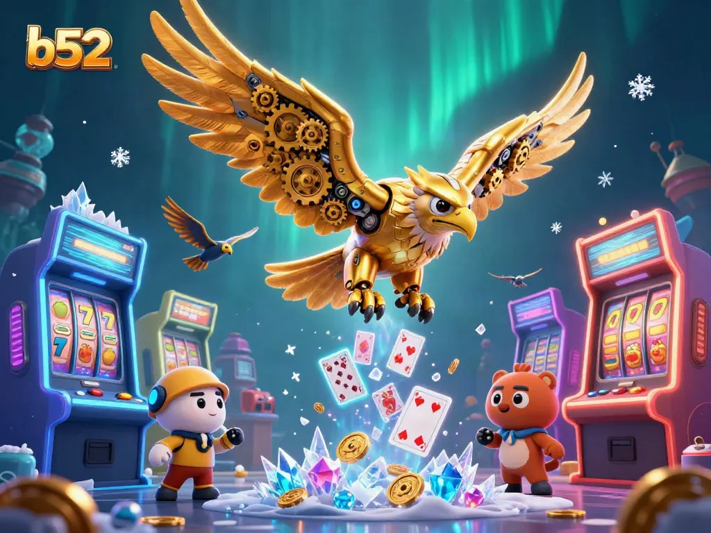 Engage with b52 gaming excitement through an ultra-detailed illustration of a cybernetic eagle amid vibrant slot machine elements