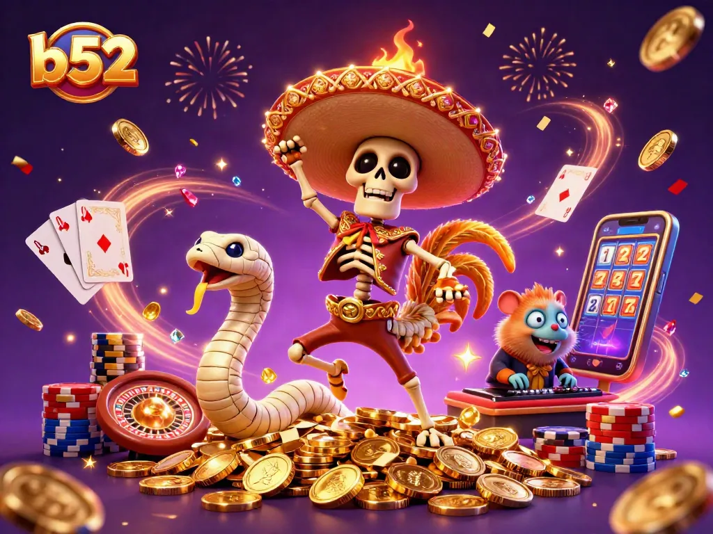 The b52 gaming scene features a joyful skeleton mariachi rooster, a mummy snake, and a DJ hamster amid casino excitement.