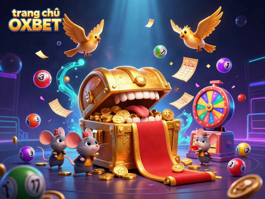 Experience the thrill of gameplay at trang chủ OXBET with vibrant lottery elements and a treasure chest lure.