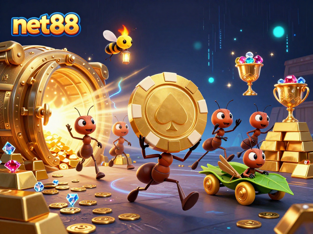 net88 showcases cartoon ants heisting a giant poker chip amidst treasure and jewels