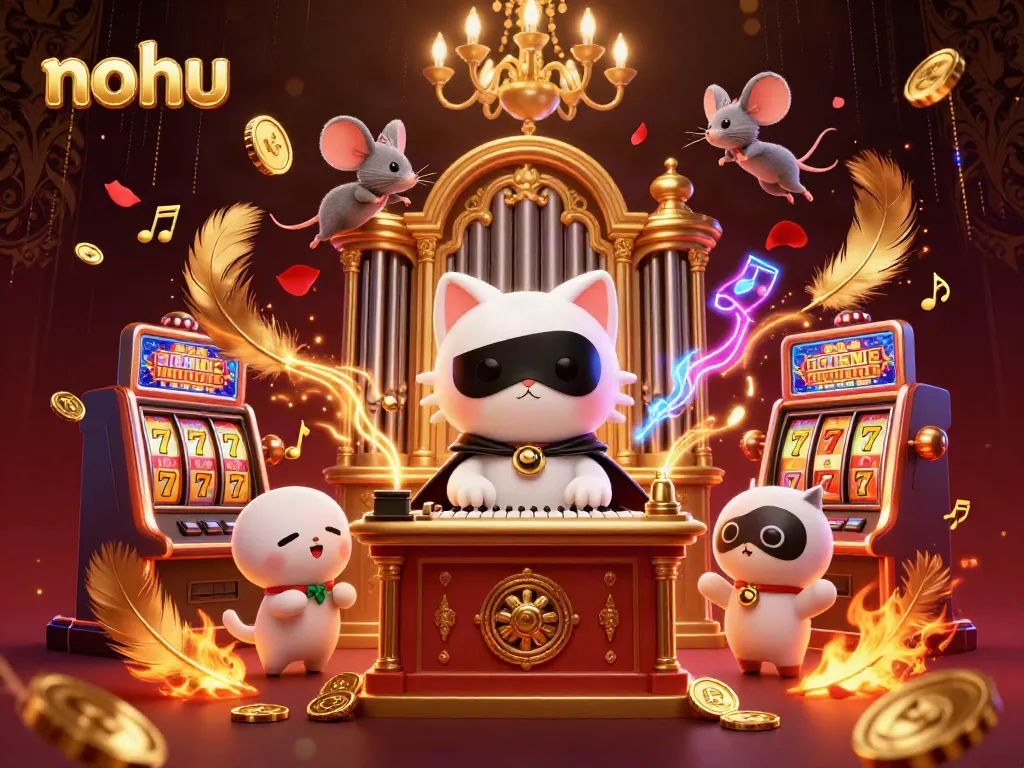 Experience vibrant nohu gameplay with a lively casino scene featuring a whimsical cat and slot game elements.