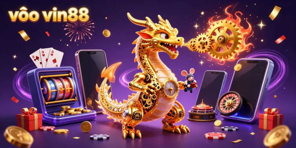 The dynamic scene illustrates the excitement of playing at vào vin88 with a golden dragon and game elements.