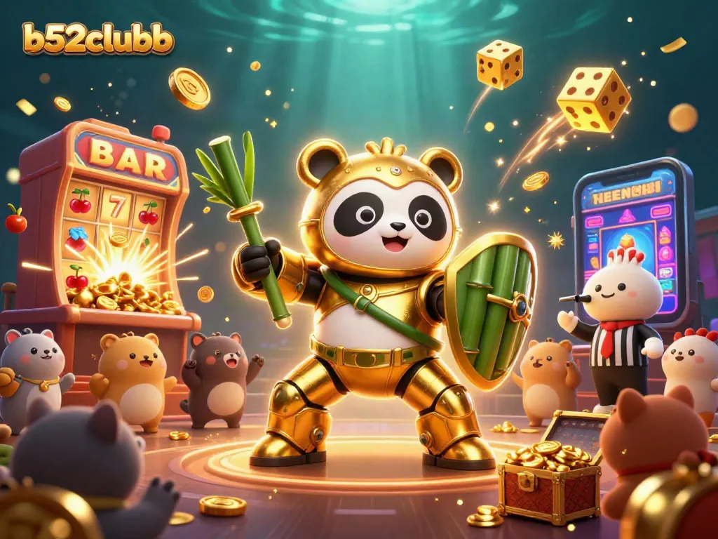 B52Clubb-themed vibrant 3D casino illustration with playful characters and dynamic elements.