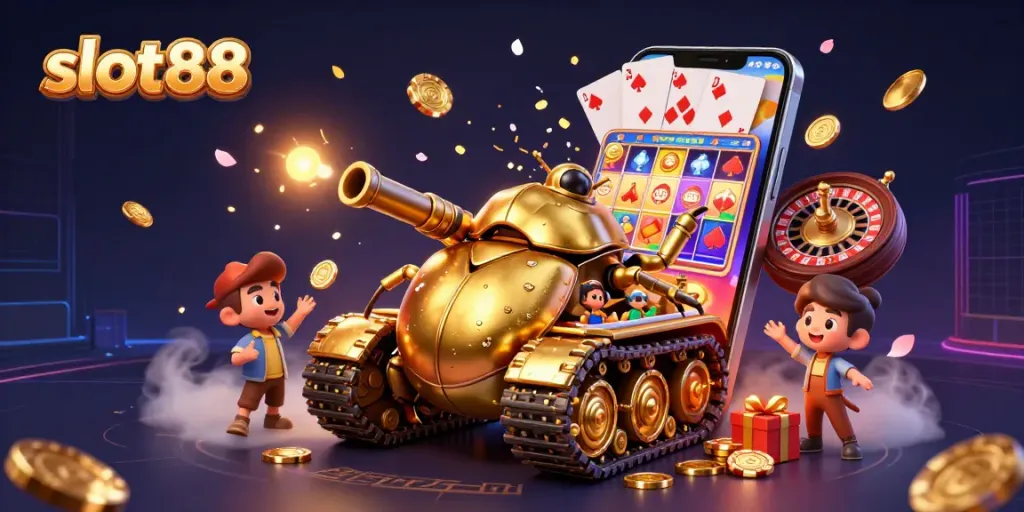 Experience slot88 excitement with a golden beetle tank casino surrounded by vibrant gaming elements.