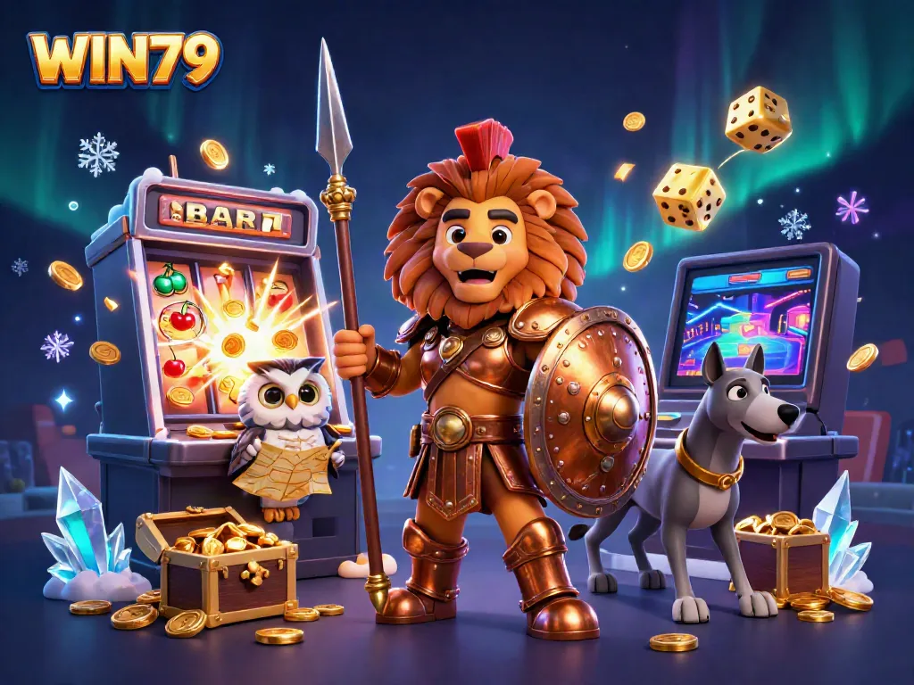 Experience the excitement of WIN79 with a dynamic casino-themed 3D illustration, featuring spirited characters and exploding jackpots.