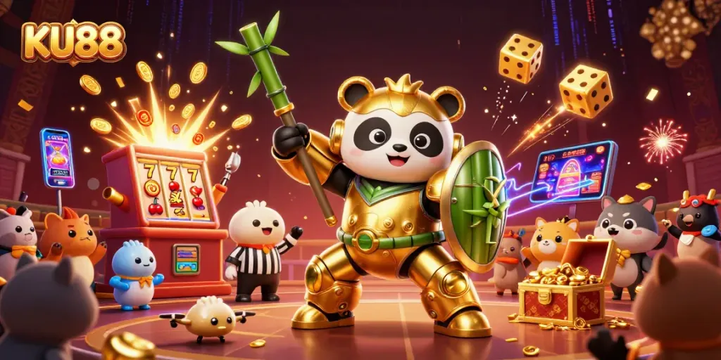 Experience thrilling wins with KU88 in a vibrant 3D casino scene filled with golden jackpots and games.