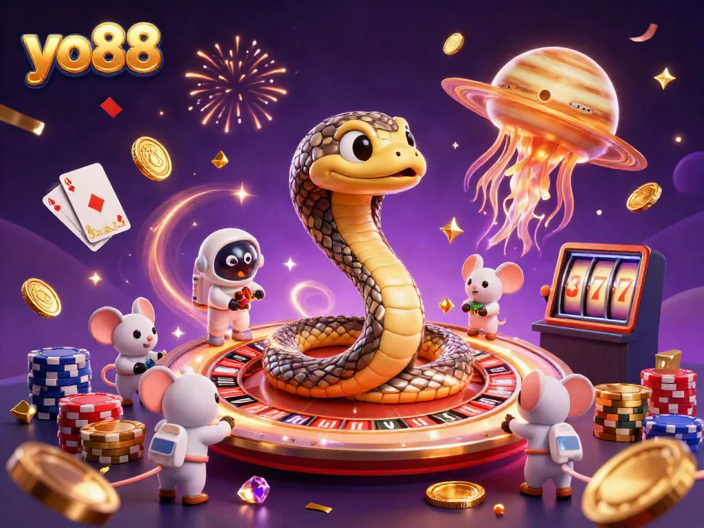 Engage in vibrant gaming action with yo88, featuring an interstellar roulette wheel and joyful astronaut mice.