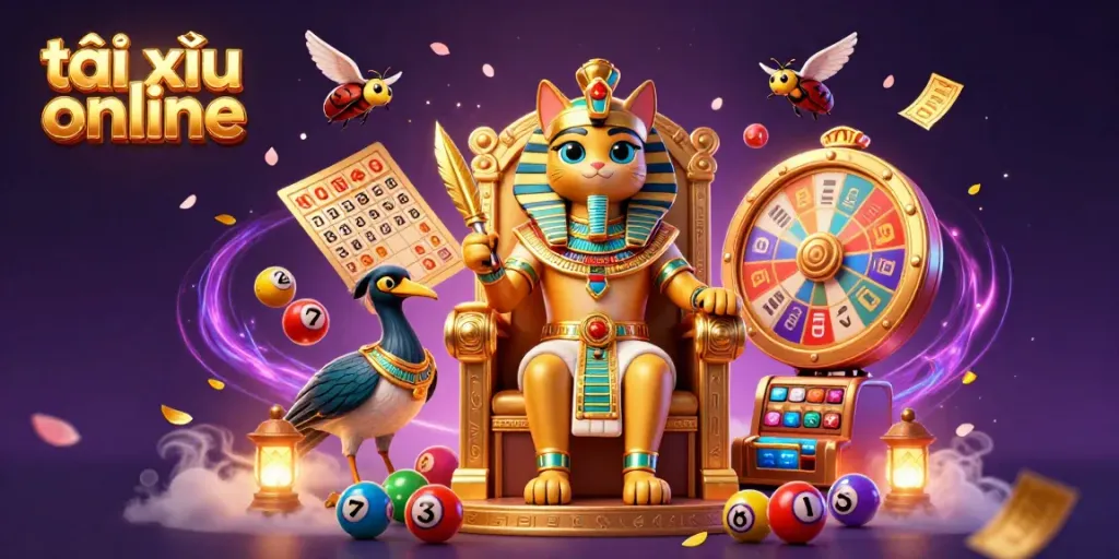 Engaging 3D illustration of tài xỉu online featuring a pharaoh cat and gaming elements swirling around.