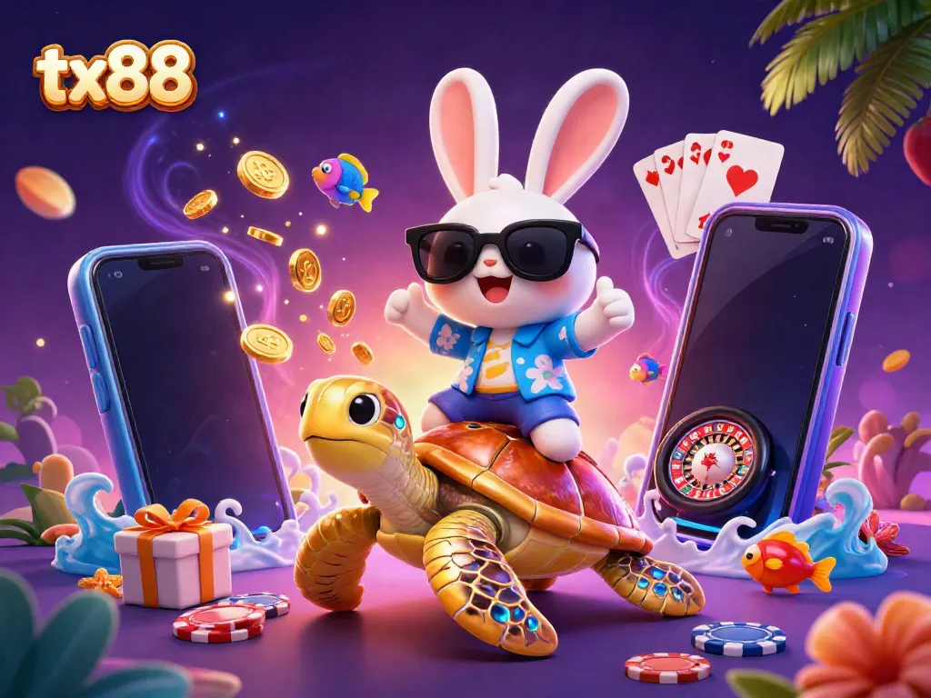 Experience thrilling casino adventures with tx88 as a lucky rabbit rides a gem-filled turtle in a vibrant tropical scene.