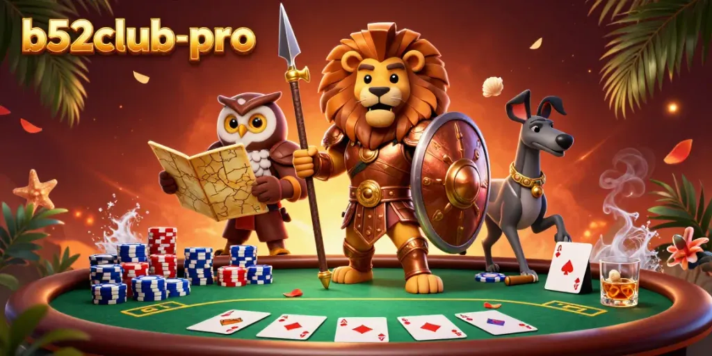 Engage with b52club-pro in a winning poker showdown featuring a Spartan lion and tactical owl strategizing.