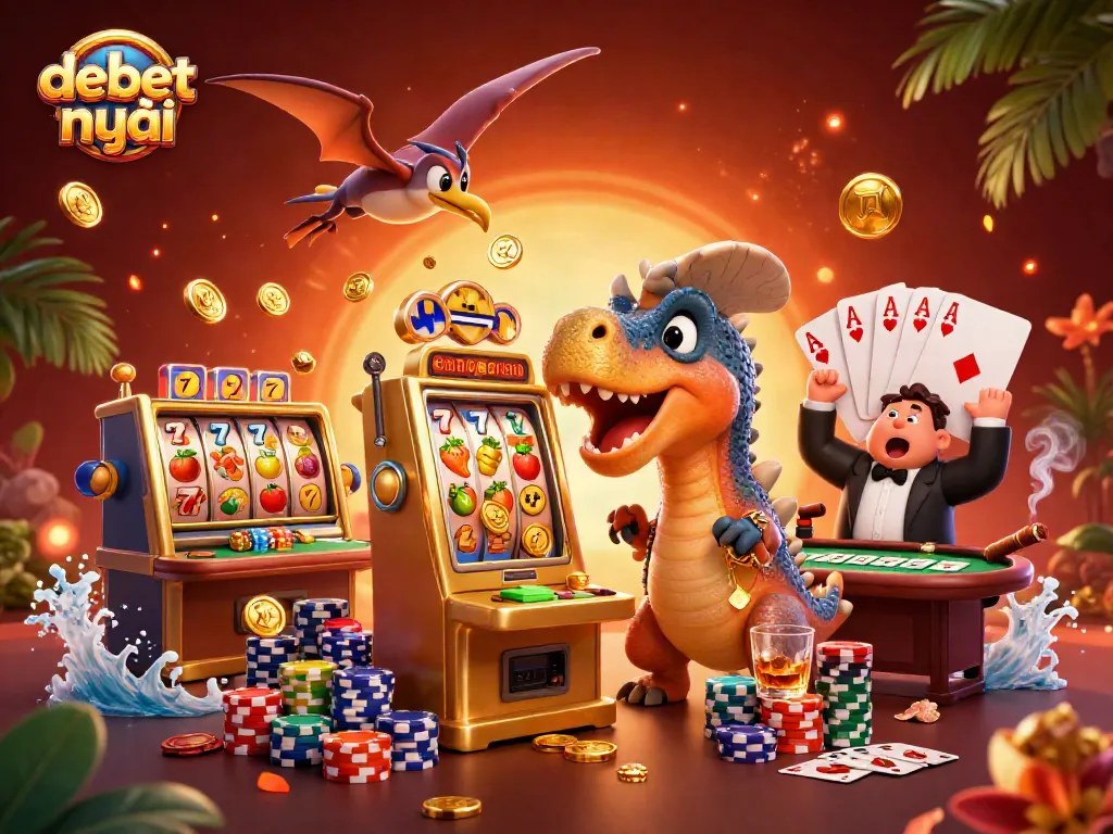 Catch the thrilling action of debet mới as a dinosaur heads for a jackpot amidst vibrant casino elements.