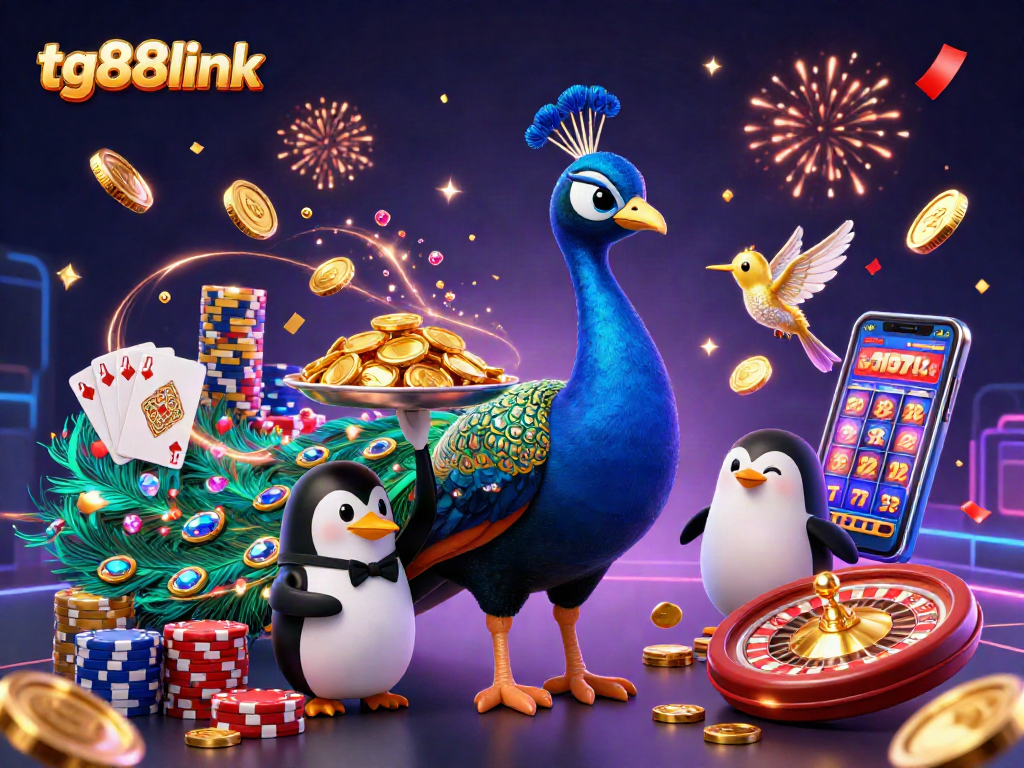 Spin and win at tg88link with a vibrant 3D casino scene featuring a peacock, penguin, and dazzling game elements.