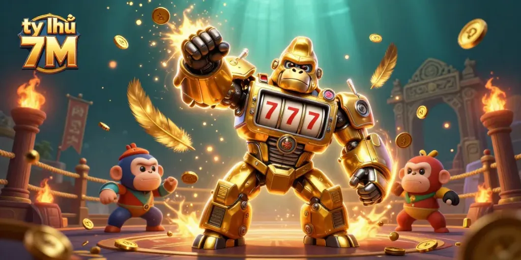 Experience the thrill of tỷ lệ 7M as a transforming golden gorilla mech unleashes a jackpot of adventure.