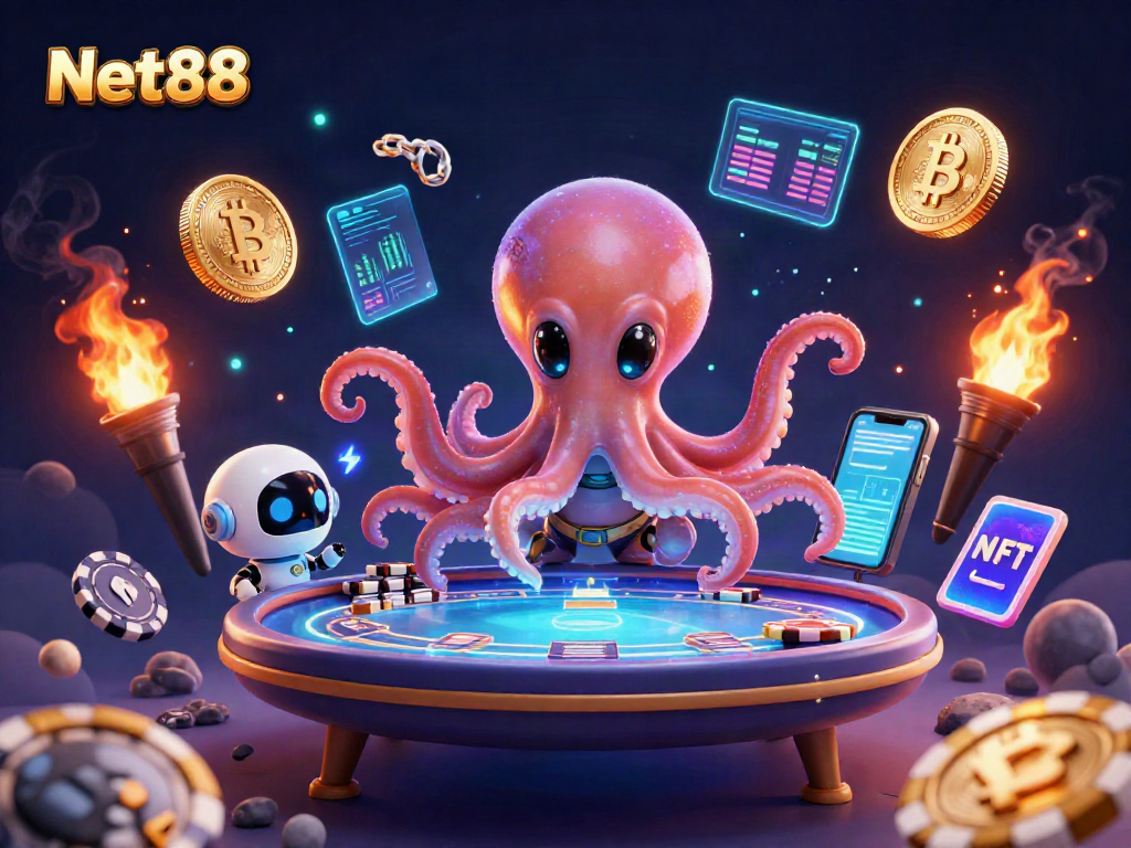 Engage in thrilling poker action with Net88's cosmic octopus dealer at a dazzling holographic table.