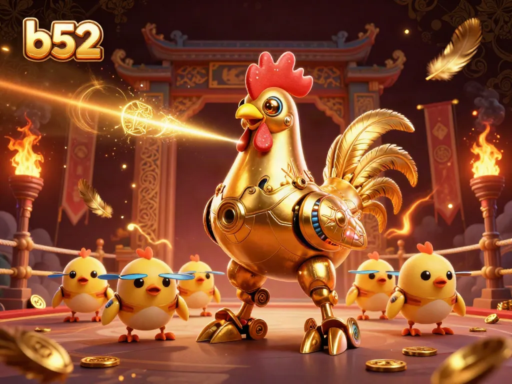 B52 game illustration with a golden rooster robot shooting lasers, coins scattering dynamically in a vibrant casino scene.