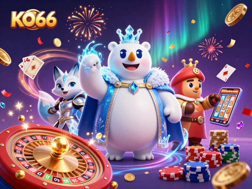 Experience thrilling gameplay with KO66 as the ice king polar bear leads a vibrant casino adventure.