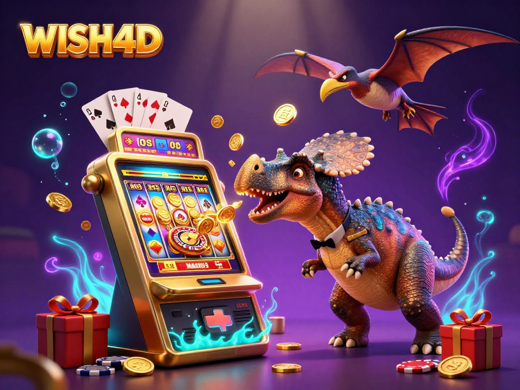 WISH4D showcases a pachycephalosaurus celebrating a jackpot payout at a colorful casino scene.