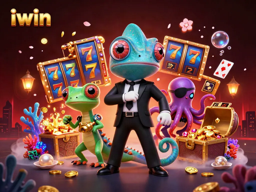 iwin slot gaming scene featuring a chameleon, gecko, and octopus amidst dazzling reels and treasures.