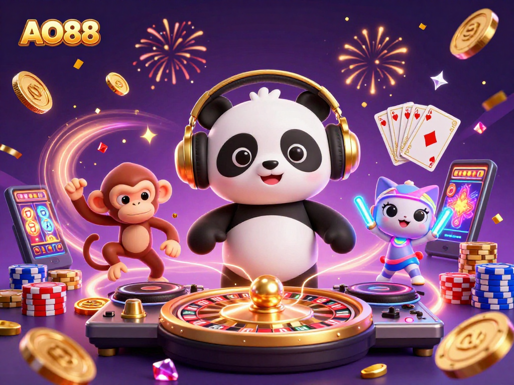 Experience the excitement of AO88 with dynamic casino characters and vibrant gaming elements.