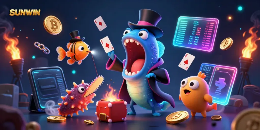 SUNWIN themed casino illustration featuring a creative deep-sea scene with gambling elements.