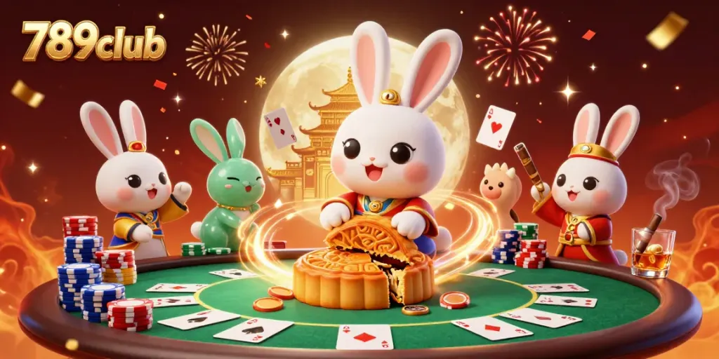 Engage in thrilling gameplay with 789club as the moon rabbit reveals poker chips in a dynamic casino scene.